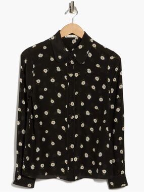 Alice + Olivia (nwt $395) Willa 
Black Daisy Silk Button-Up Shirt sz L